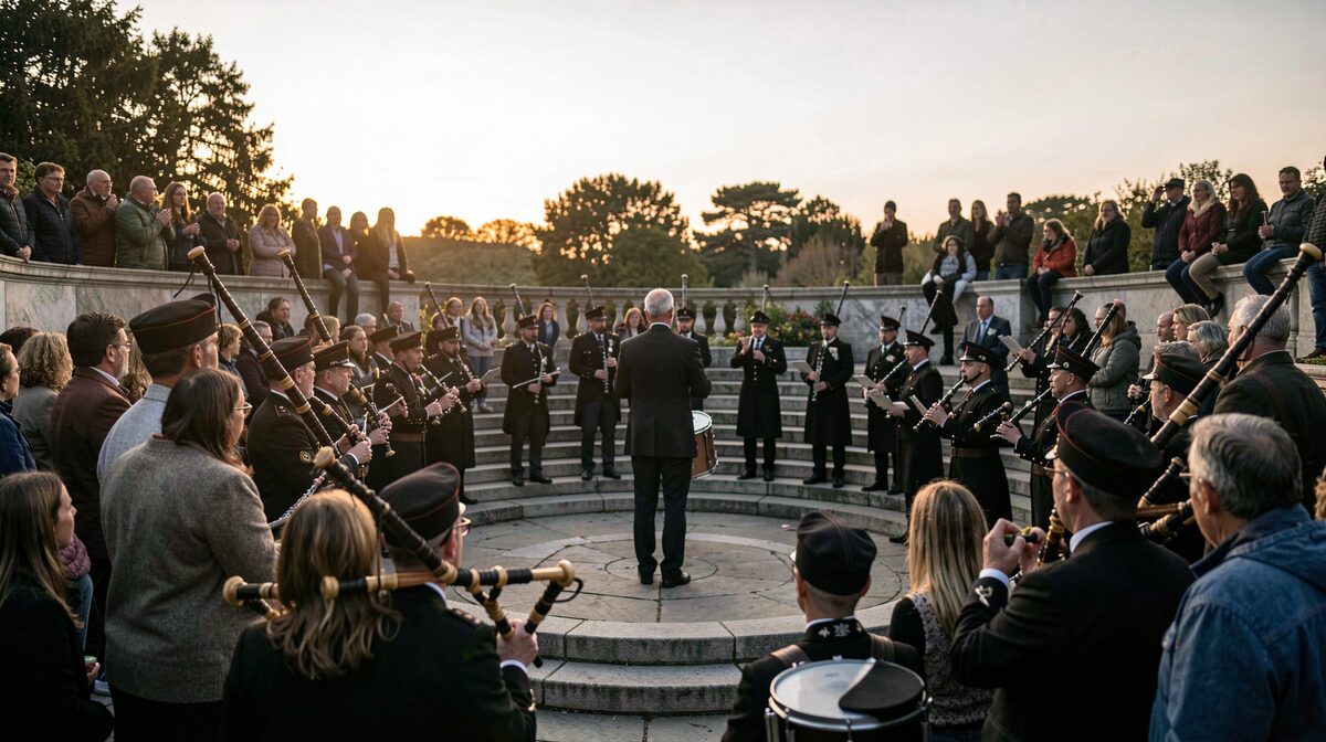 A pipe band in half circle formation on a stone memorial steps at dusk, pipe major facing the crowd, drones angled into a light wind, low warm light from the left, wide shot.