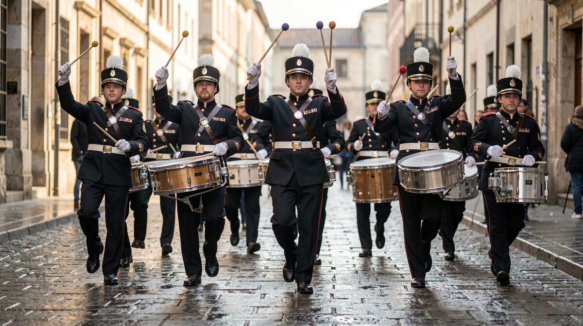 A pipe band drum corps mid-march on a wet stone street, snare sticks raised to shoulder height, tenor mallets caught at the top of a flourish, low morning light from the left, tight horizontal framing on the front rank.
